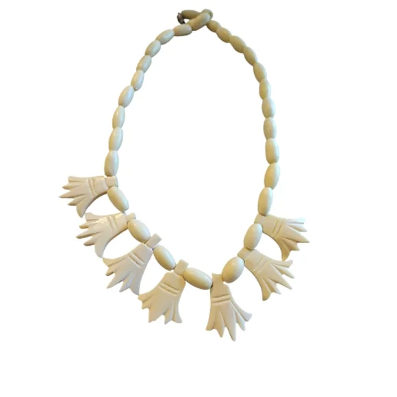 Vintage (80s) Egyptian Carved Bone Lotus Flower Necklace - Picture 5 of 5